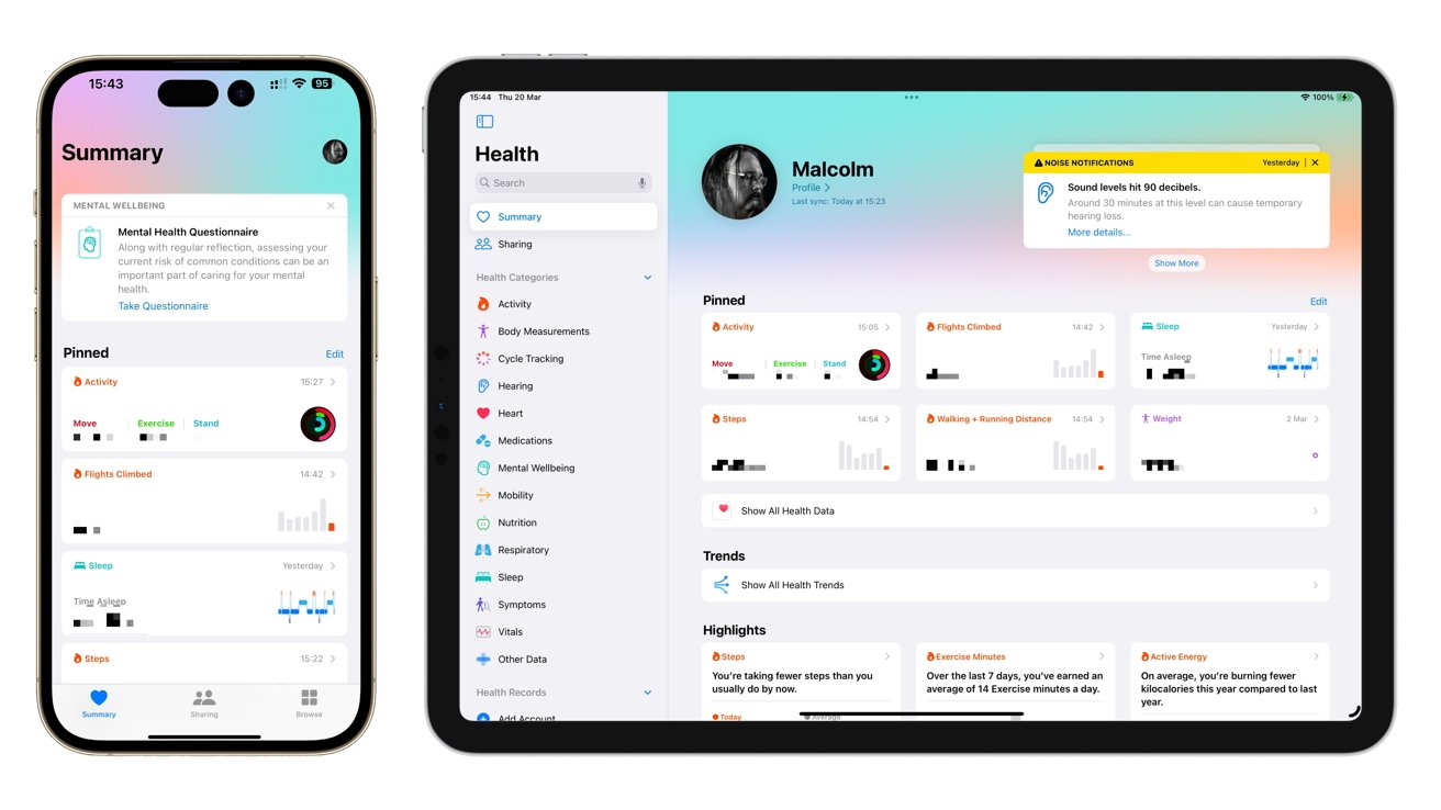 Two digital devices display health app interfaces with sections for activities, summaries, and notifications regarding mental health and sound levels, along with various health data visualizations.