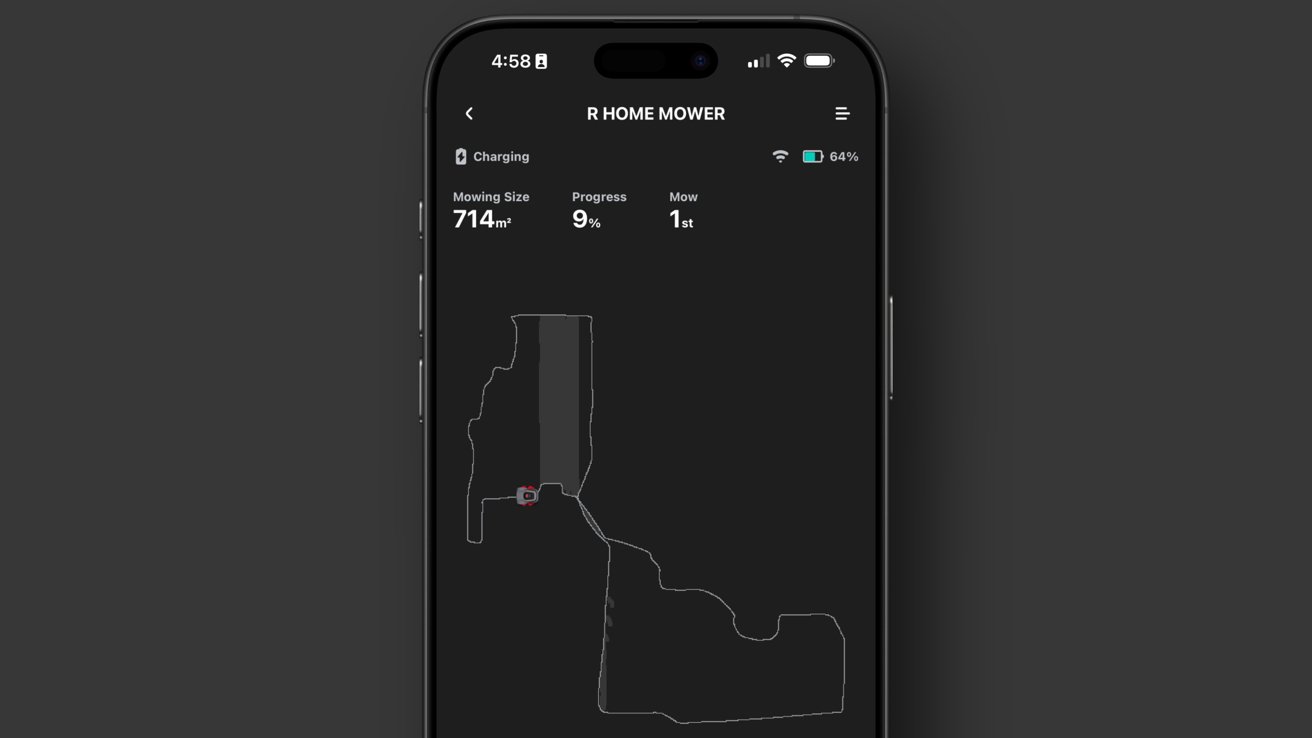 Smartphone screen displaying a lawn mower app, showing mowing progress, area size, battery level, and a map outline of the mowing path.
