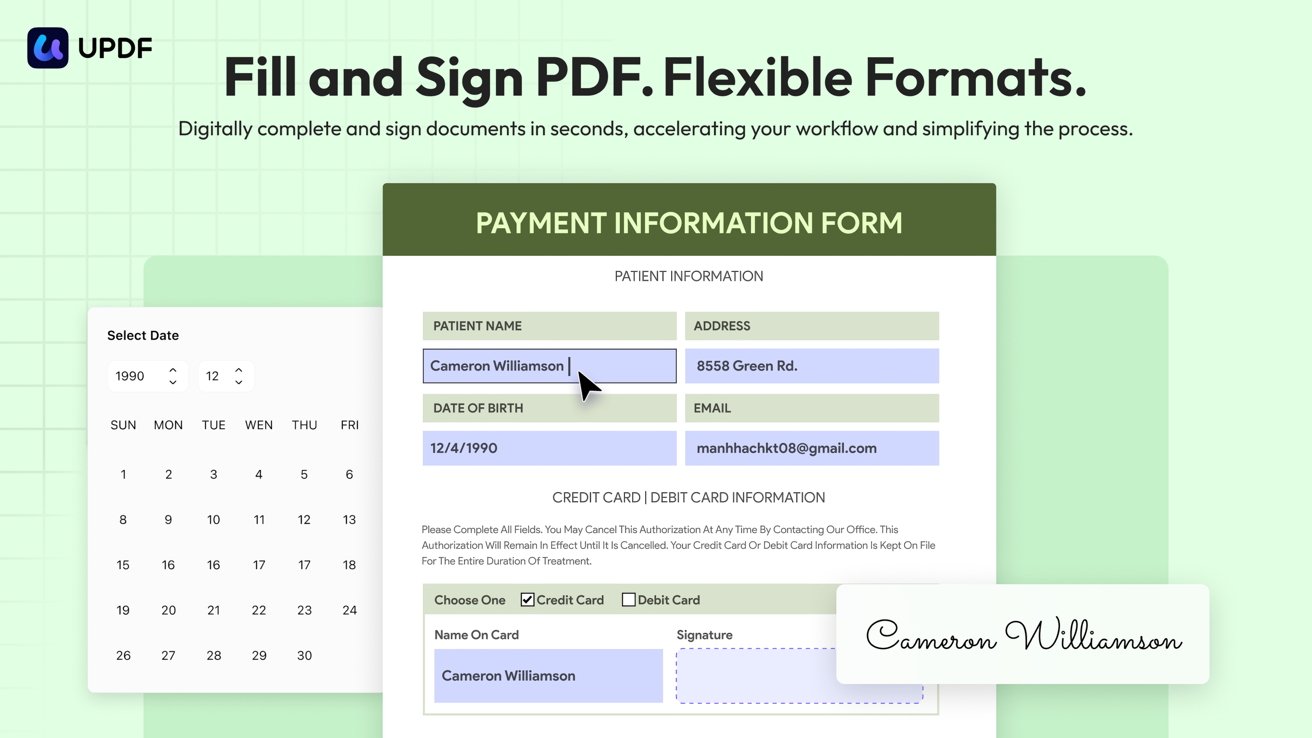 PDF form titled 'Payment Information Form' with patient details and a calendar for date selection, featuring a digital signature field labeled 'Cameron Williamson'.