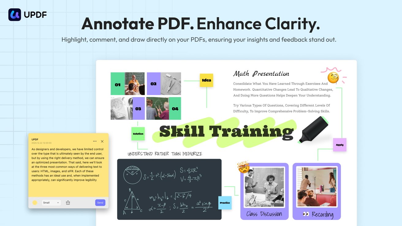 UPDF advertisement showcasing PDF annotation features, highlighting skills training with math exercises, diagrams, and classroom settings. Includes colorful visuals, sticky notes, and phrases like 'Skill Training' and 'Math Presentation.'