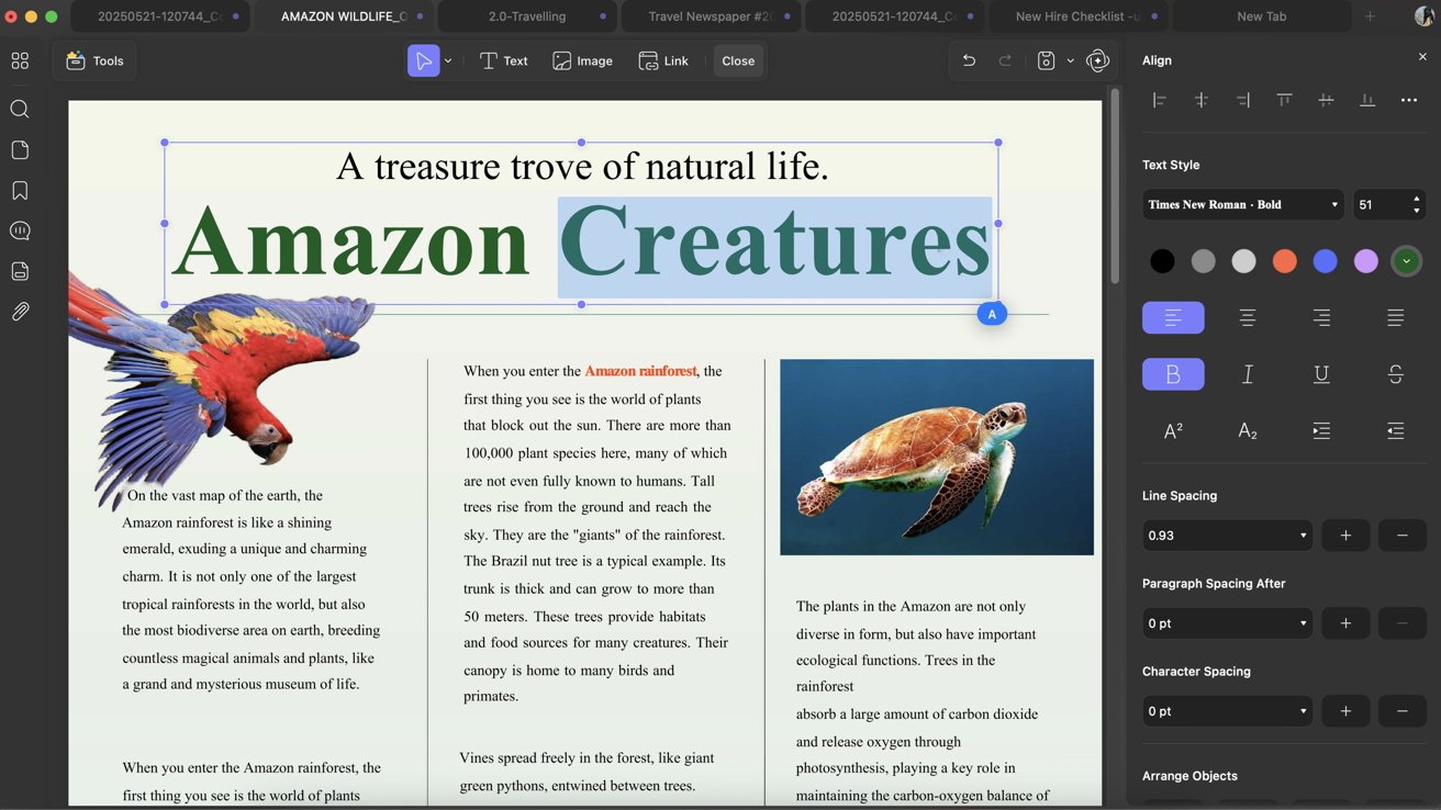 Colorful image with a flying macaw, swimming turtle, and text about the Amazon rainforest's rich biodiversity and plant life. Background tools suggest design editing software interface.