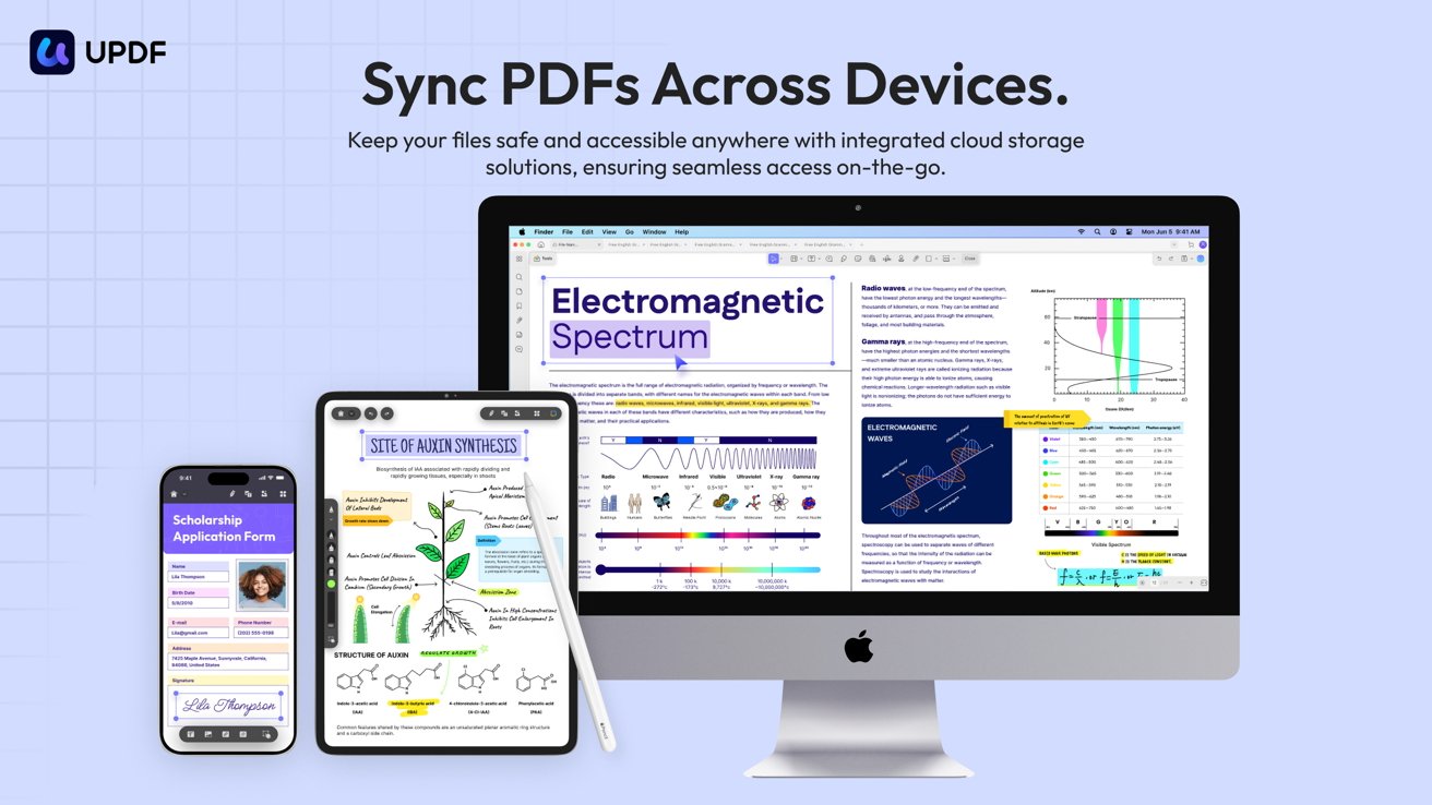Smartphone, tablet, and desktop monitor displaying PDF documents and diagrams with UPDF branding, emphasizing syncing PDFs across devices and cloud storage accessibility. Text in blue and black on a light background.