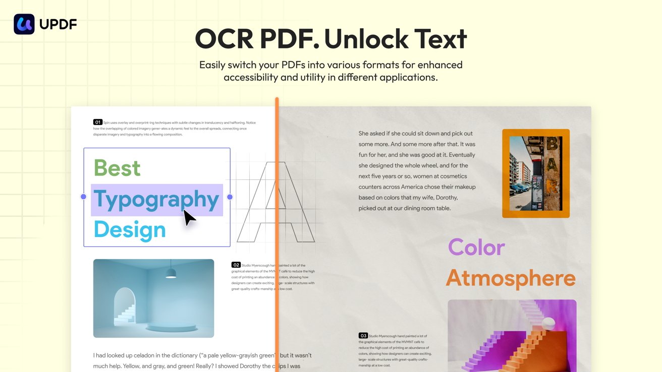 UPDF logo, OCR PDF Unlock Text banner, split-screen design showing text blocks, photos, color themes, and typography with a mouse cursor clicking 'Typography'.