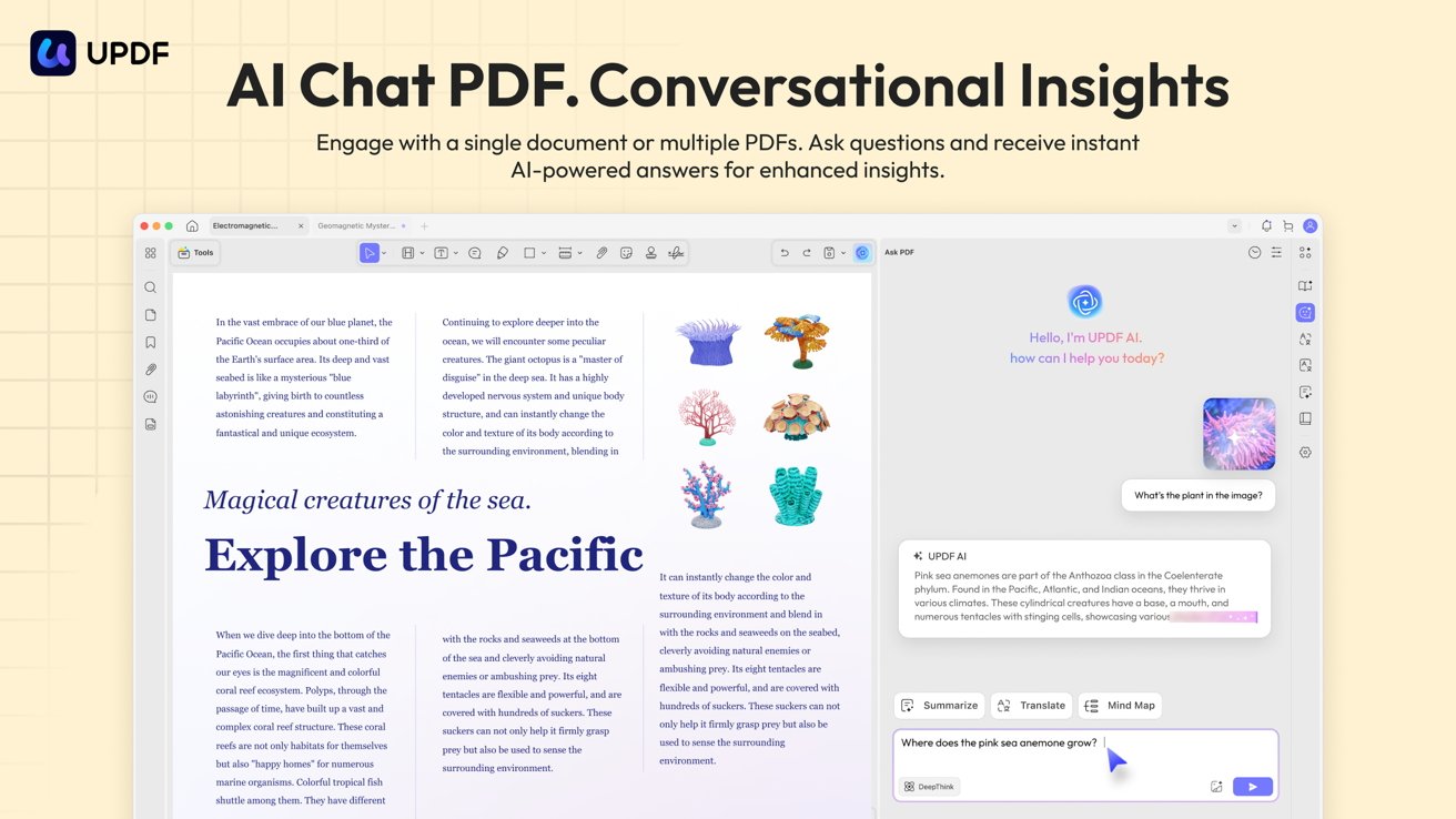 UPDF interface showcasing AI chat with a PDF about Pacific Ocean marine life, featuring colorful illustrations of sea creatures and interactive dialogue about pink sea anemones.