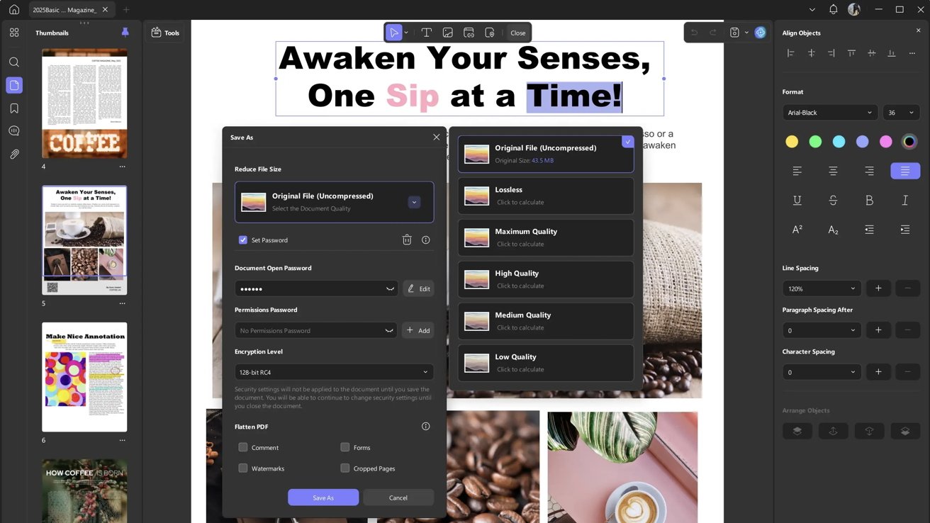 A digital document editor interface with text 'Awaken Your Senses, One Sip at a Time.' Save dialog box and various quality options displayed. Coffee-themed images shown.