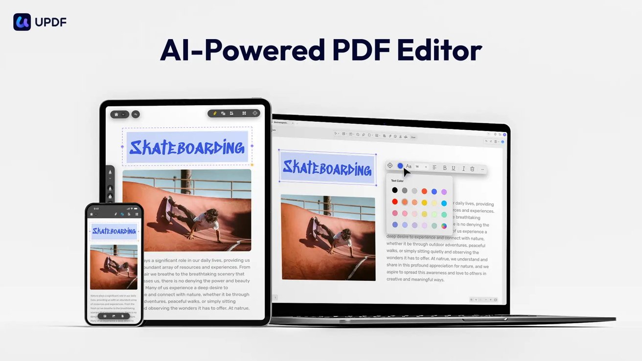 Phone, tablet, and laptop display a PDF document titled 'Skateboarding'. A color selection tool is visible on the laptop screen. Text above reads 'AI-Powered PDF Editor'.