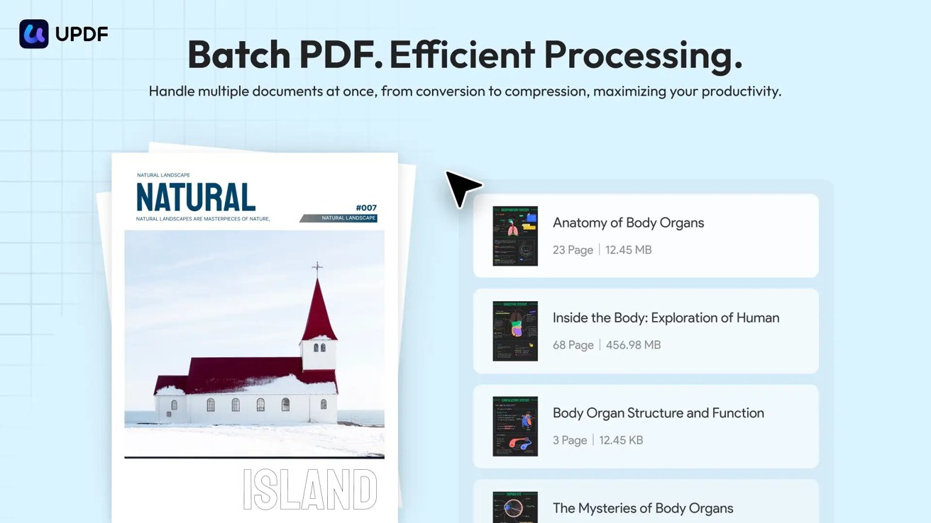 UPDF interface with options for batch PDF processing, displaying a cover with a church in a snowy landscape and a list of PDF documents with titles and sizes.