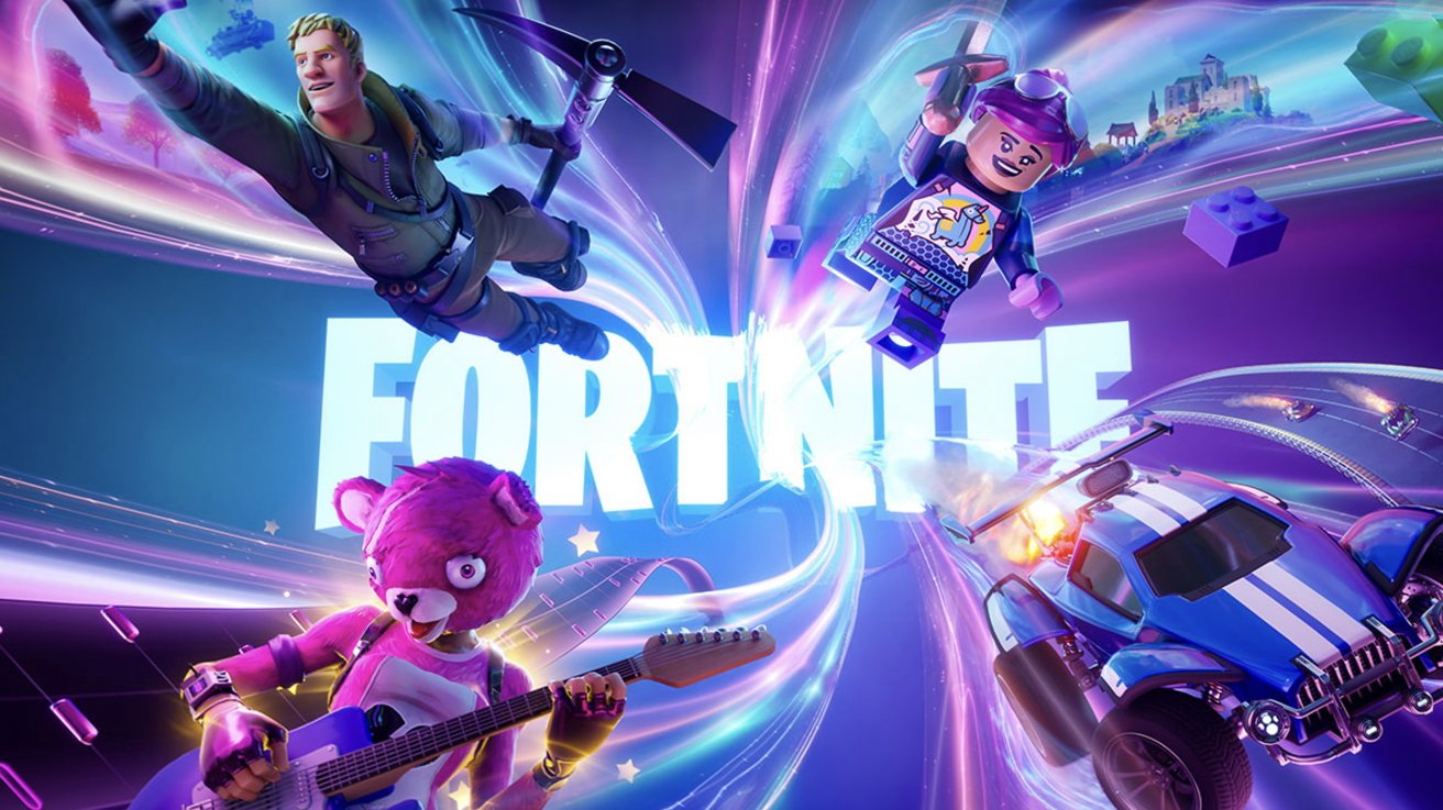 Colorful scene with Fortnite characters, including a blonde soldier and pink bear, flying through swirls with LEGO elements and a blue car, word 'Fortnite' in bold letters.