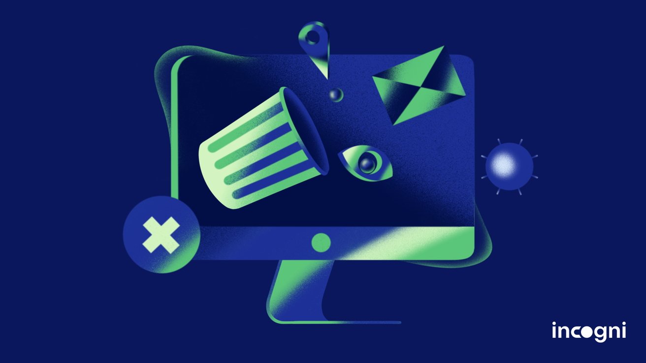 Abstract illustration with a trash can, eye, map pin, geometric shapes, and a large X on a computer screen against a dark blue background.