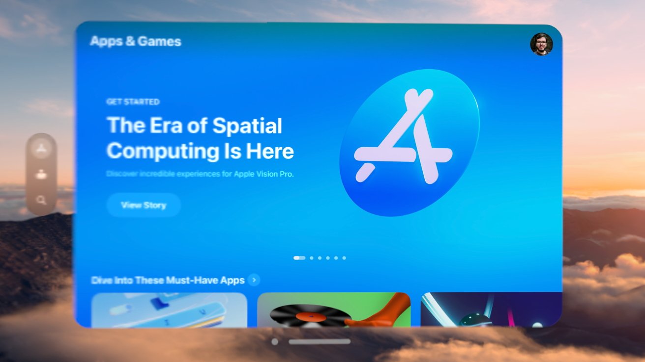 Blue digital interface with Apple App Store icon, text about spatial computing, and 'View Story' button. Blurred mountain landscape in the background.
