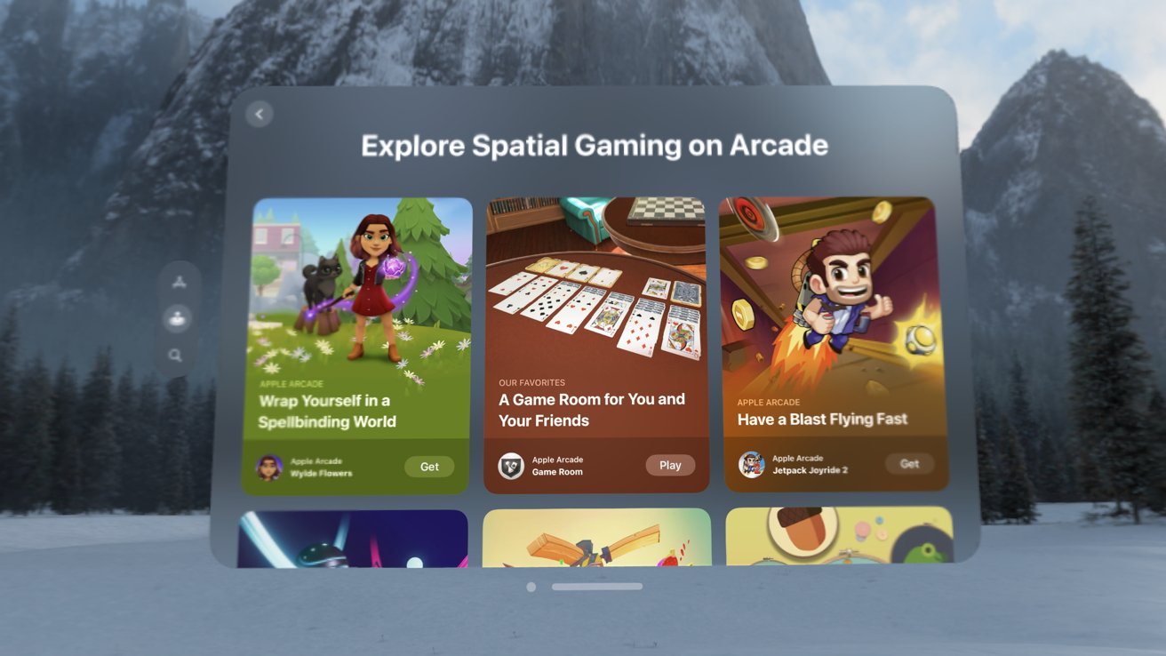 Virtual game menu featuring three games, each card displaying vibrant illustrations. Background shows snowy landscape with mountains and pine trees.