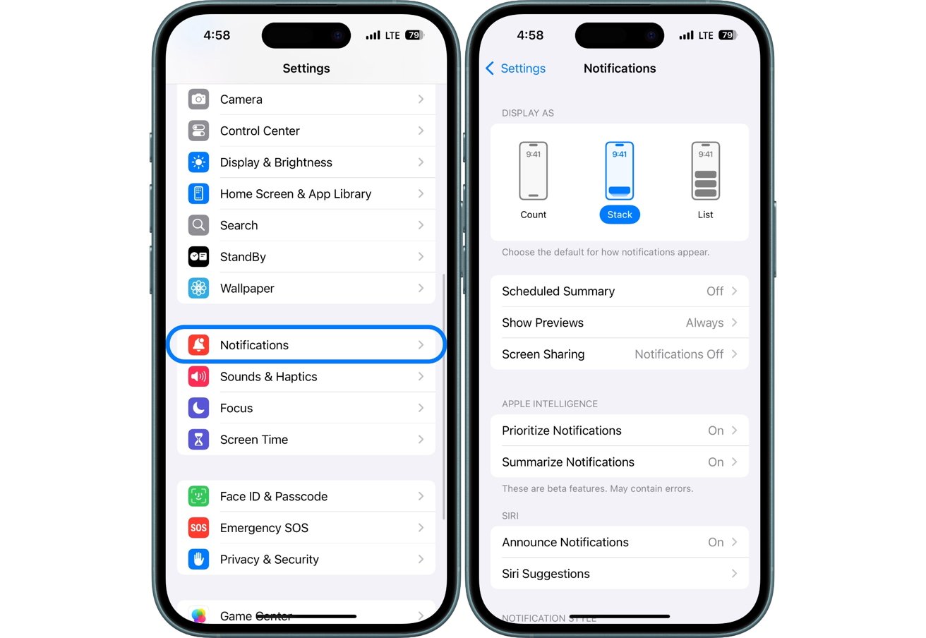 Two iPhone screens showing notification settings. Left screen highlights the Notifications option in a settings menu. Right screen displays notification style options: Count, Stack, List, and various settings.