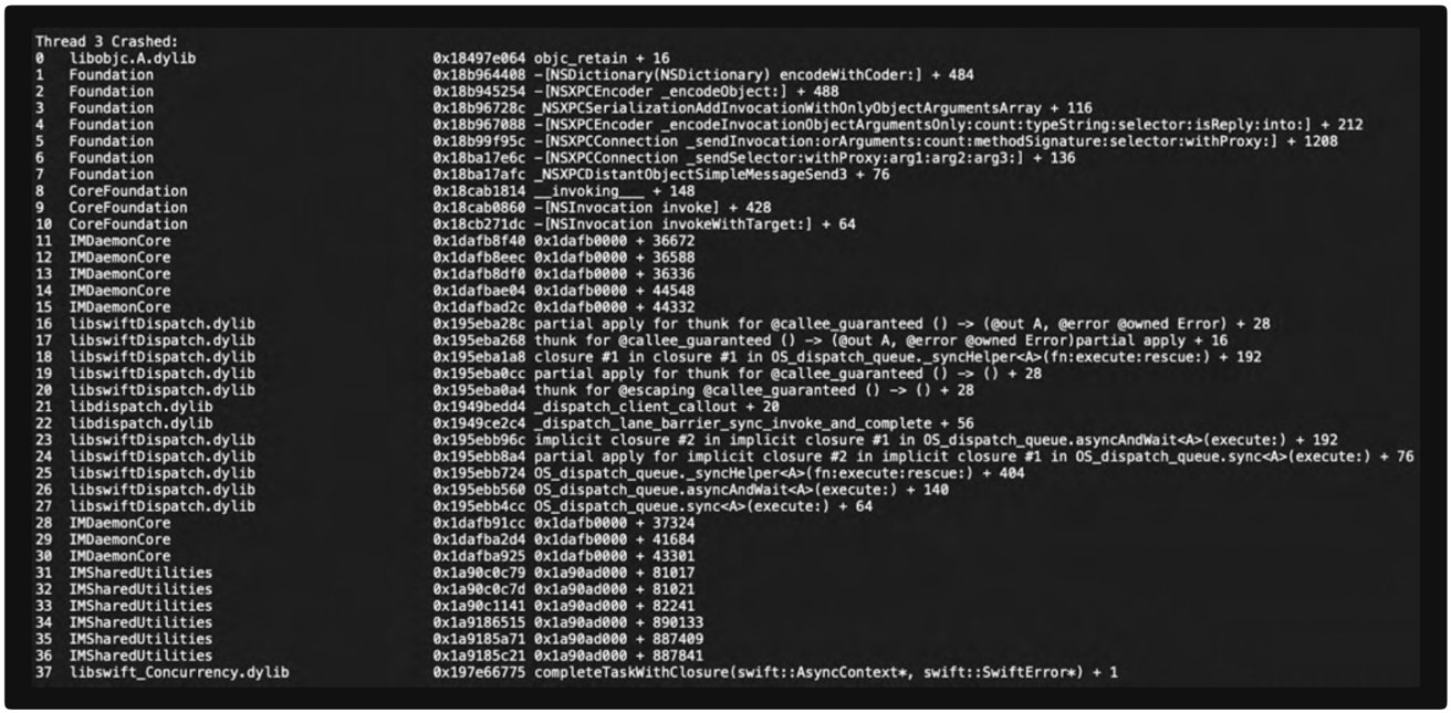 Black background with white text displaying a crash report from a thread, listing function calls, libraries, memory addresses, and error codes in a technical format.