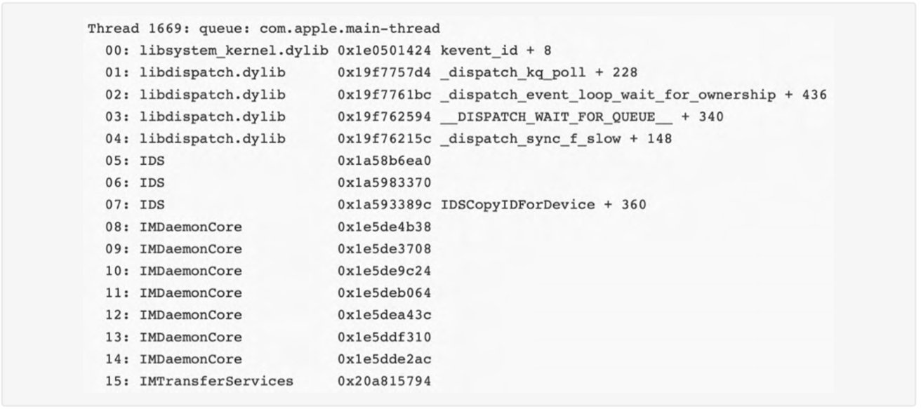 Debugging thread information with libraries, memory addresses, and function calls related to Apple's main thread, including libdispatch and IMDaemonCore references.