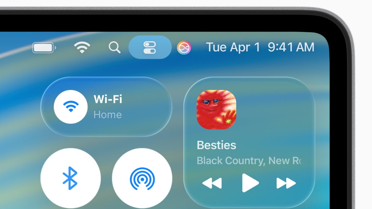 Top corner of a screen showing Wi-Fi settings, music playing 'Besties' by Black Country, New Road, and time at 9:41 AM.