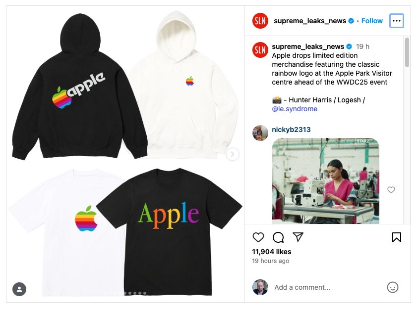 Various Apple-themed clothing items feature a rainbow logo: black and white hoodies, white and black T-shirts. An Instagram post describes these as limited edition merchandise.