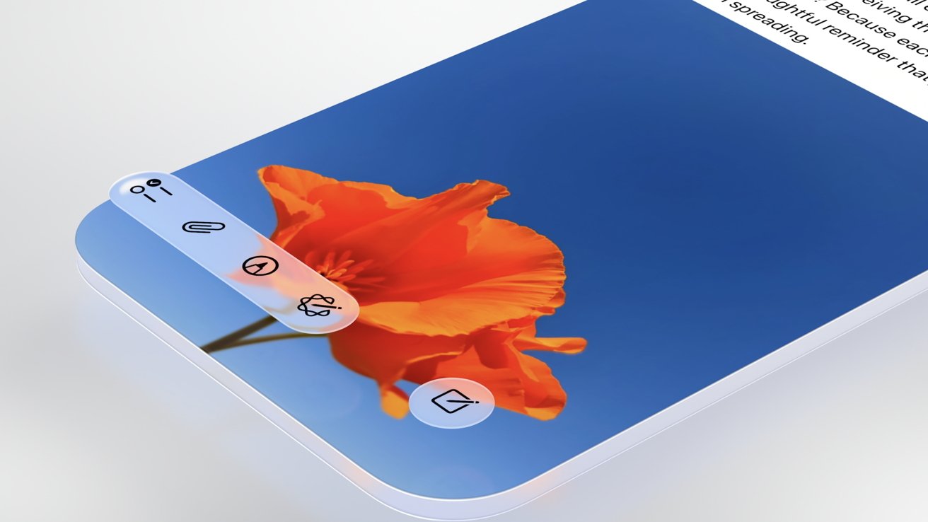Smartphone displaying an orange poppy against a clear blue sky, with text and icons visible.