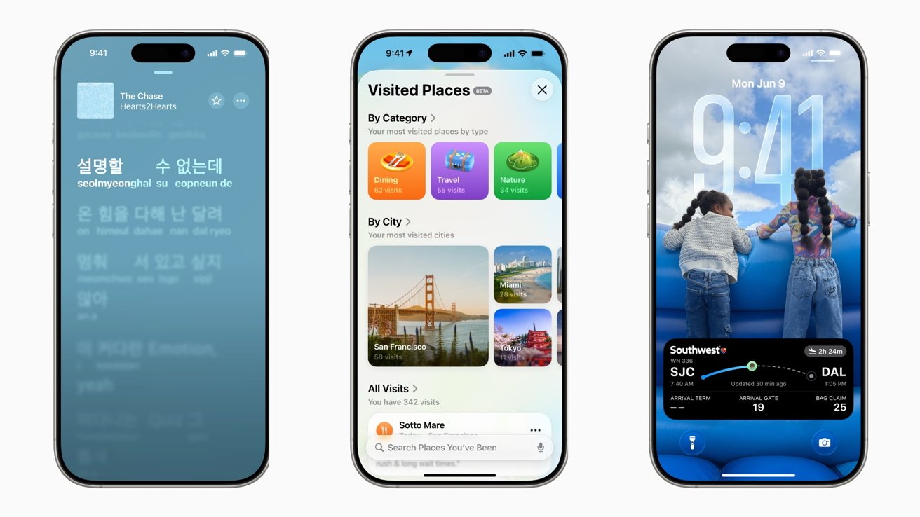 Three smartphone screens showing a music player with Korean lyrics, a visited places app with destination images, and a lock screen featuring two children with airline flight details.