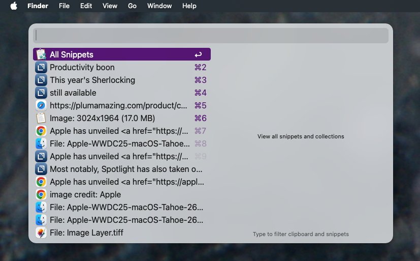 Snippet manager interface showing a list of saved snippets with keyboard shortcuts and file details on a computer screen.