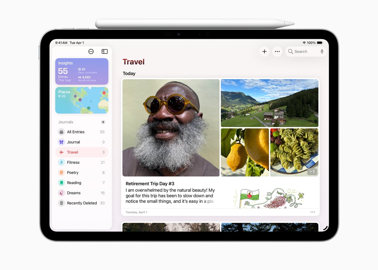 Tablet screen displaying a travel journal entry with photos of a bearded person, landscapes, lemons, and a pasta dish. Journal sidebar and map are visible.