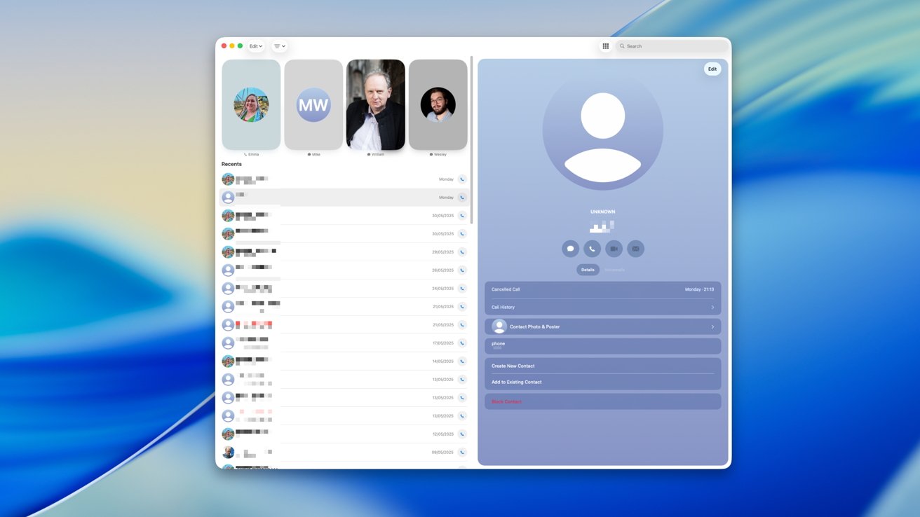 A computer interface displaying recent contacts and call details, with profile icons and options for call history, contact photo, voicemail, and blocking contacts on a gradient background.