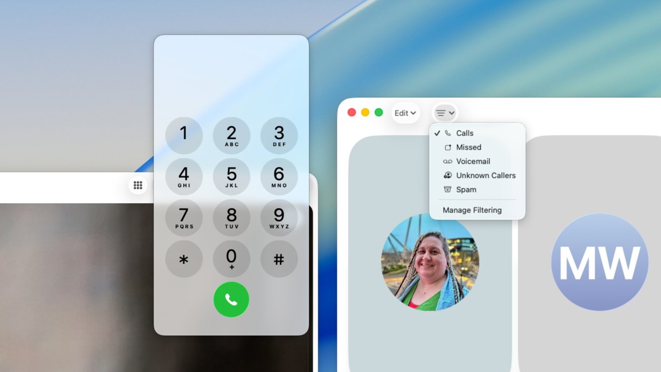 Phone dial pad overlaid on software interface with call filter options like calls, missed, voicemail, unknown callers, spam. Inset profile picture and initials 'MW' visible.