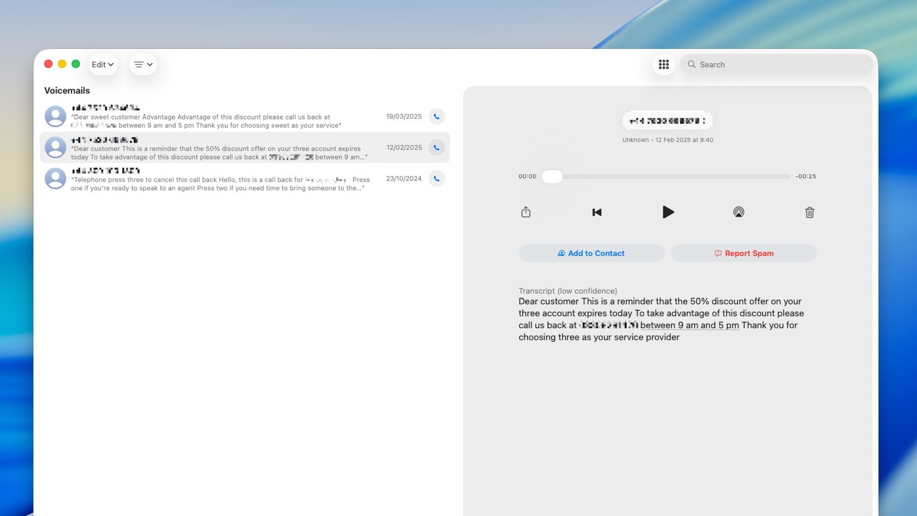 Voicemail screen displaying phone numbers, dates, and transcript mentioning a 50% discount offer with options to call back or report spam.