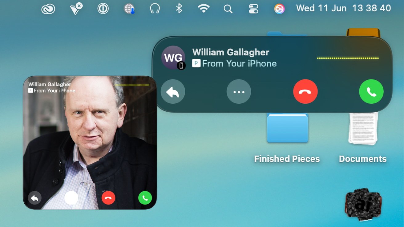 Incoming call alert showing a man's photo, name, and contact options. The background displays desktop icons and the date in the top-right corner.