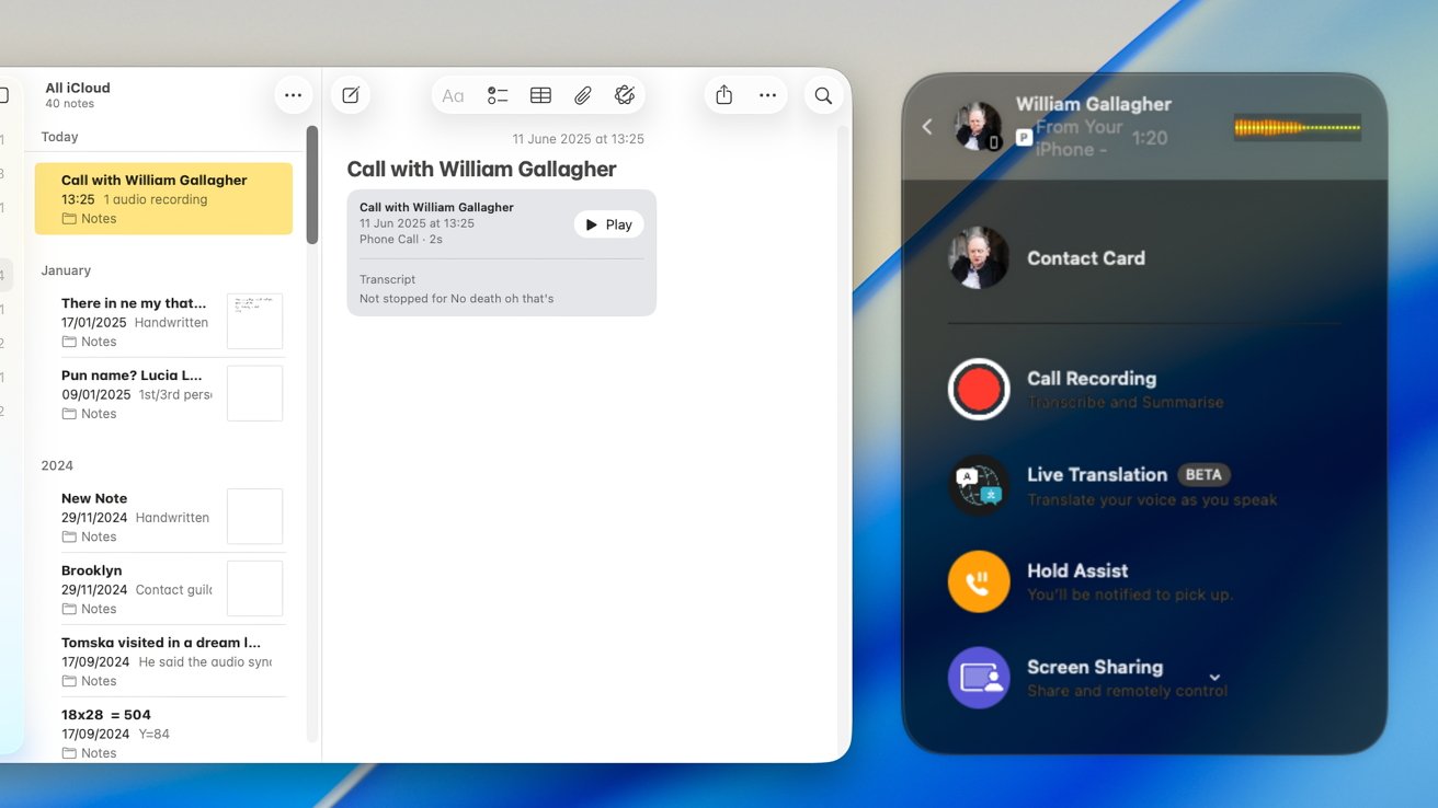 Interface displaying a call with William Gallagher, showing call details, options for recording, live translation, hold assist, and screen sharing features.