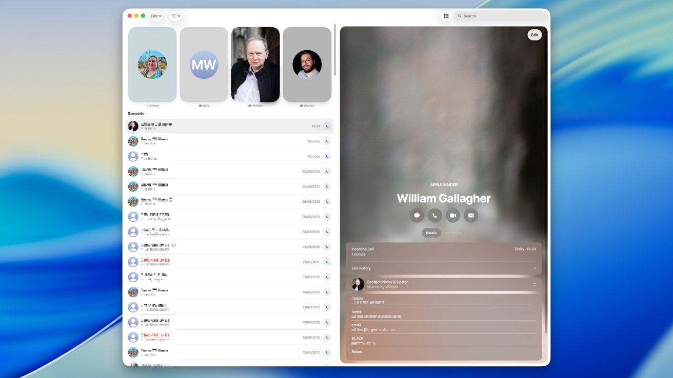 Contact screen with recent calls list, profile photos at top, and contact details for William Gallagher on right.