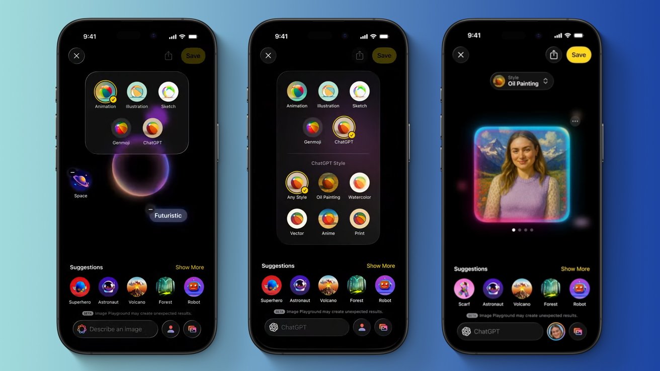 Three smartphone screens displaying a digital art application with various style options, suggestions, and a portrait of a woman in an oil painting style.